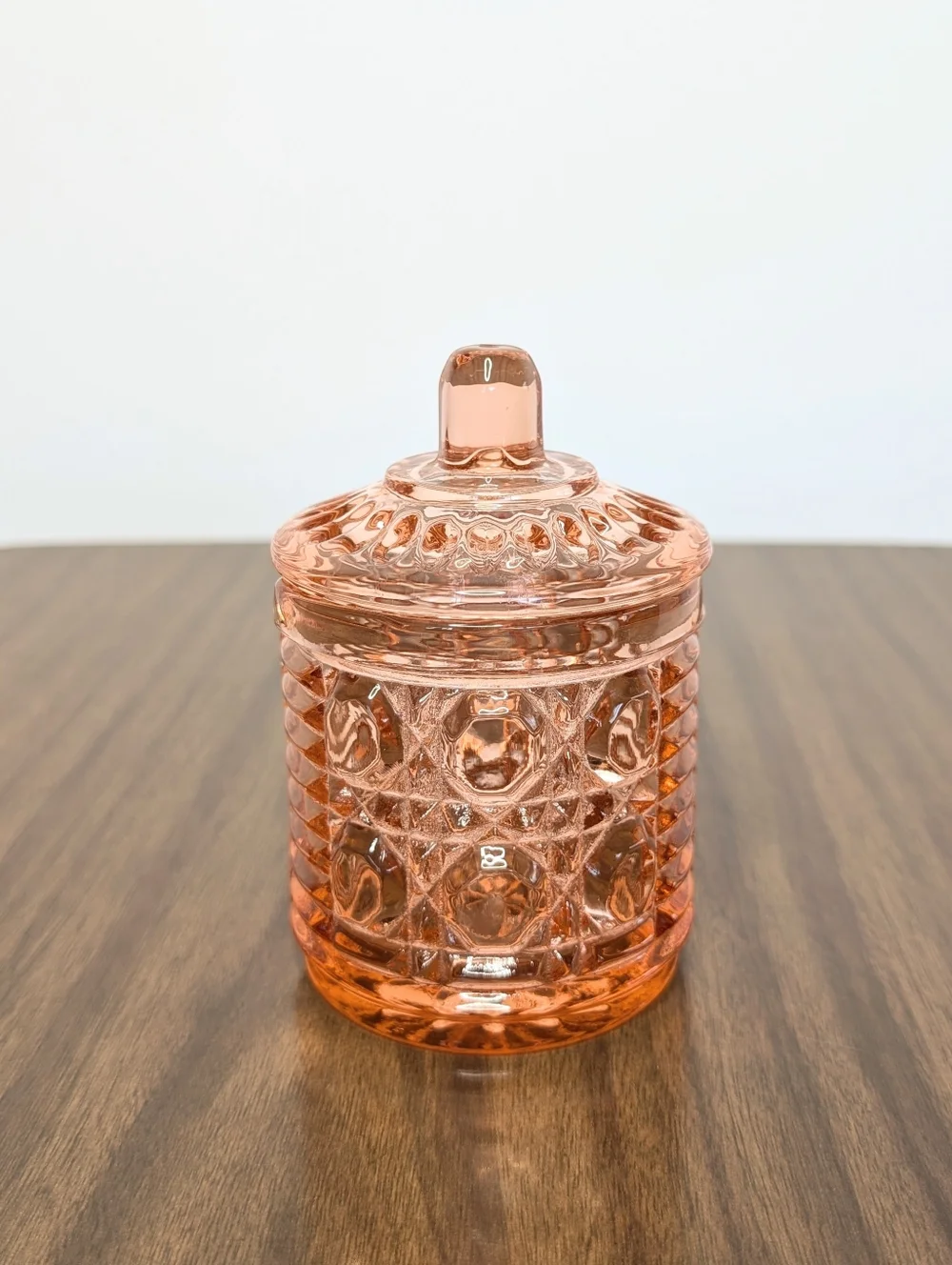 Vintage Windsor Pattern By Indiana Peachy Rose Pink Glass Honey Jam Jar With Lid